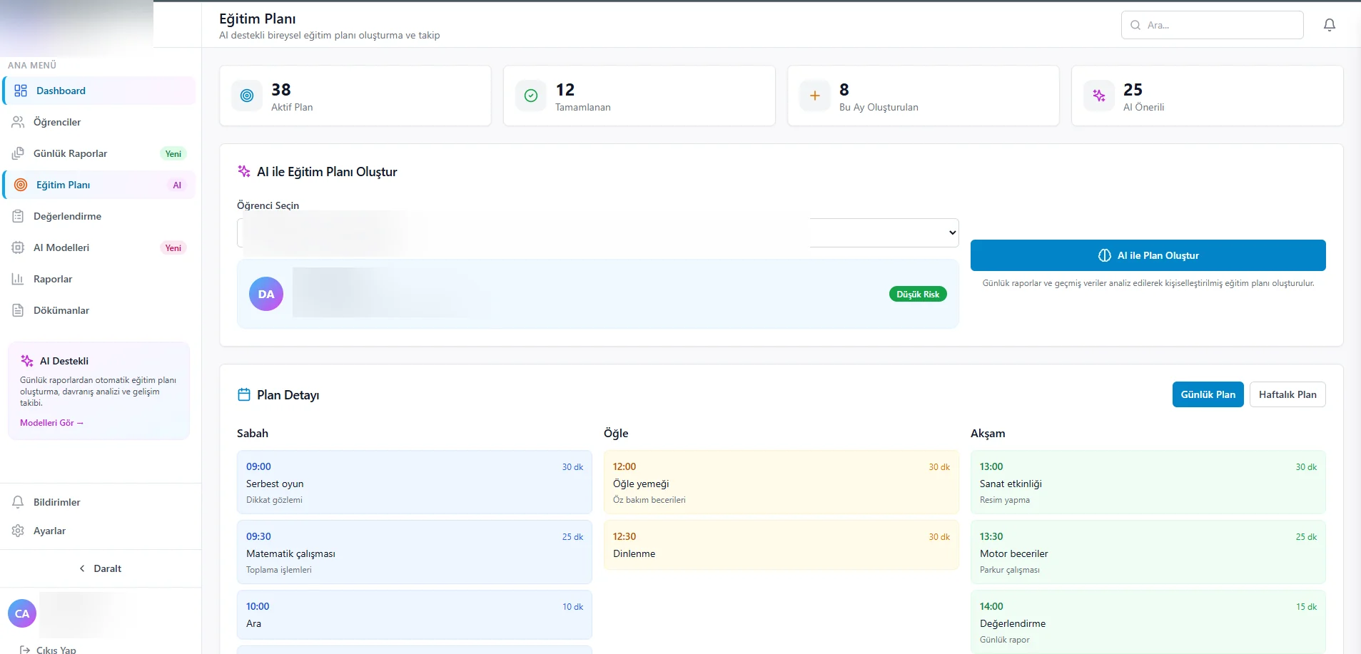 AI Tabanlı Eğitim Planlama Platformu — Dashboard