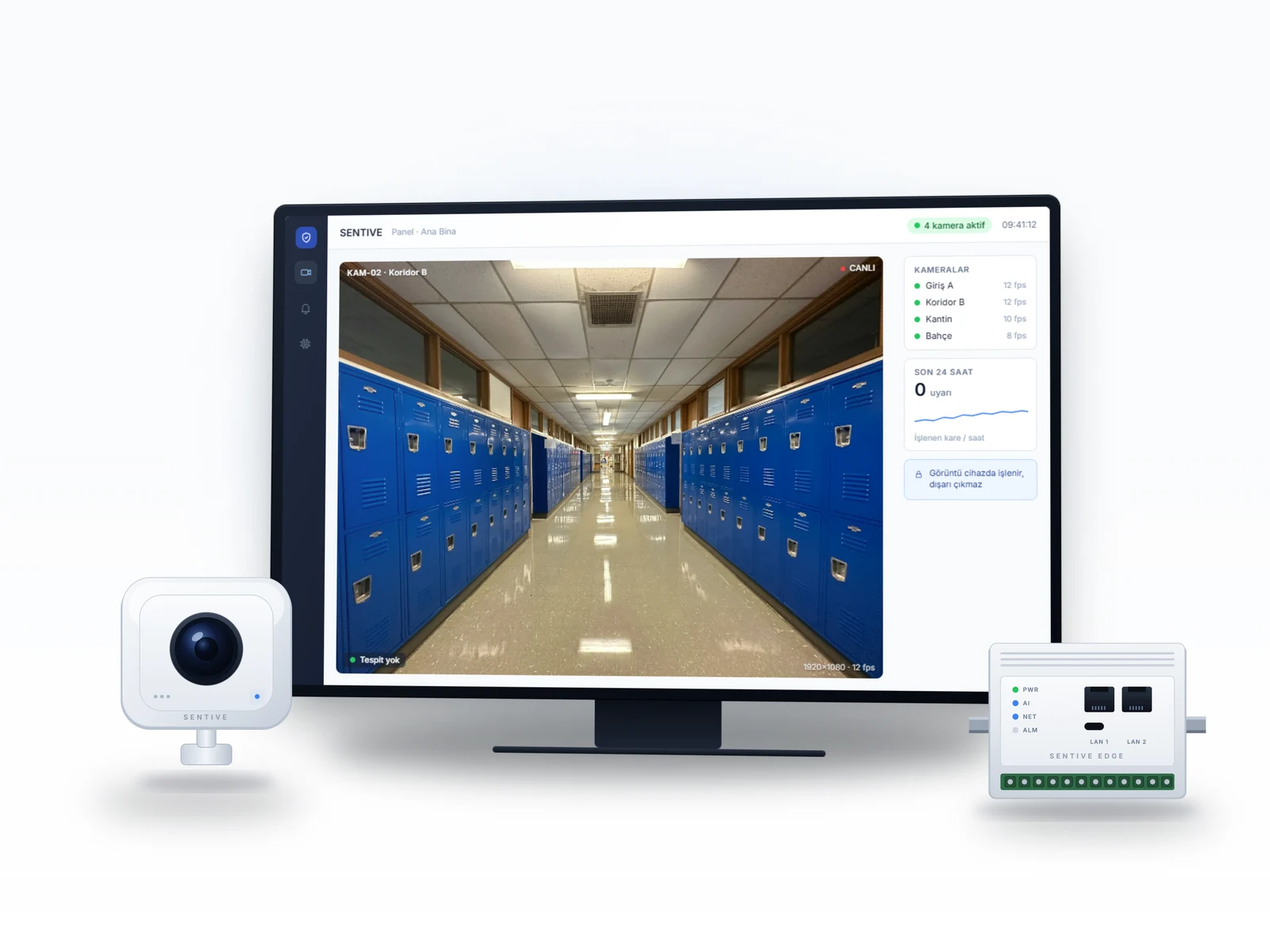 SENTIVE edge AI okul güvenliği — web panel, duvar tipi kamera modülü ve kenar işlem ünitesi